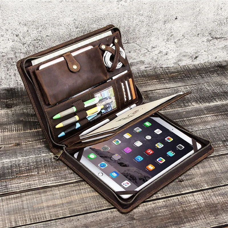 Tablet Tech Accessories - Apple iPad用レザータブレット収納バッグ、ジッパー付きペンホルダー、データケーブル、電話オーガナイザー、テックアクセサリー