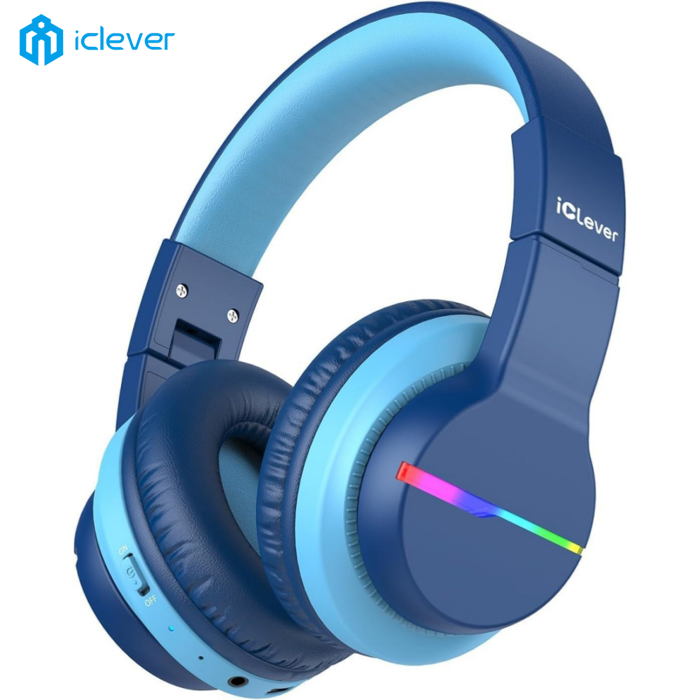 Wired Earphone Lightning - iClever BTH12 キッズ用Bluetoothヘッドホン。連続再生時間85時間、LEDライト、SafeSound機能、内蔵マイク、ワイヤレスで耳にフィットし、旅行や通学に最適。